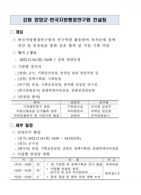 한국지방행정연구원, 지방자치단체 지원 컨설팅 실시